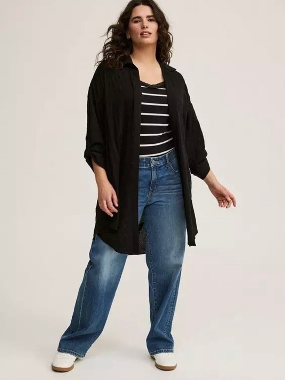 Torrid Black Eyelet Open Front Longline Kimono Shirt Jacket Sz.3